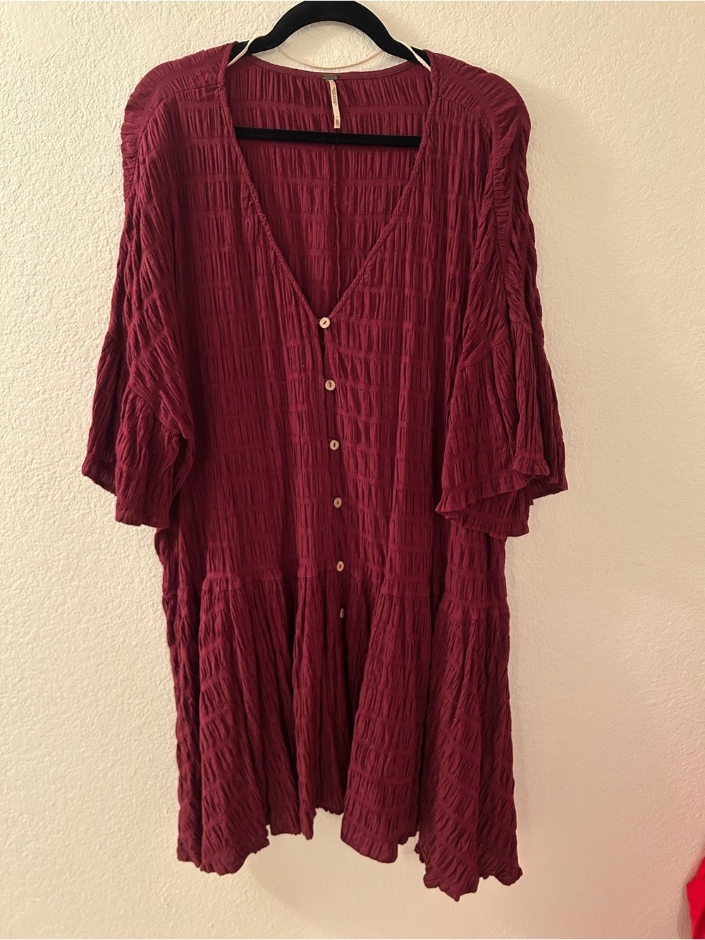 Free People Burgundy Button-Front Textured V-Neck Tunic